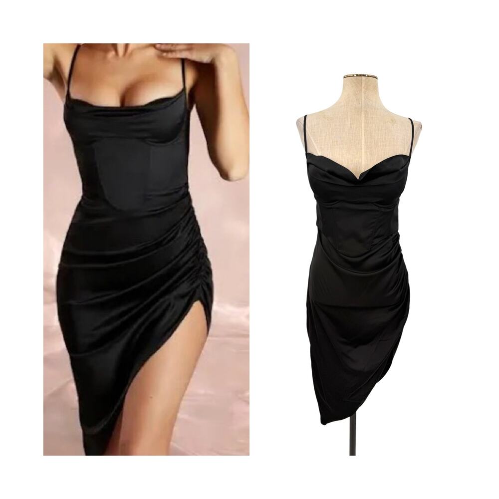 Oh Polly A Minute Past Midnight Corset Asymmetric Satin Midi Dress Black US 4
